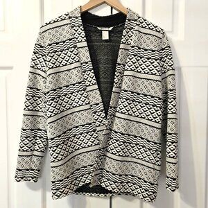 H&M Women's Cardigan Jacket Open Front Black and White Tribal Geometric Print